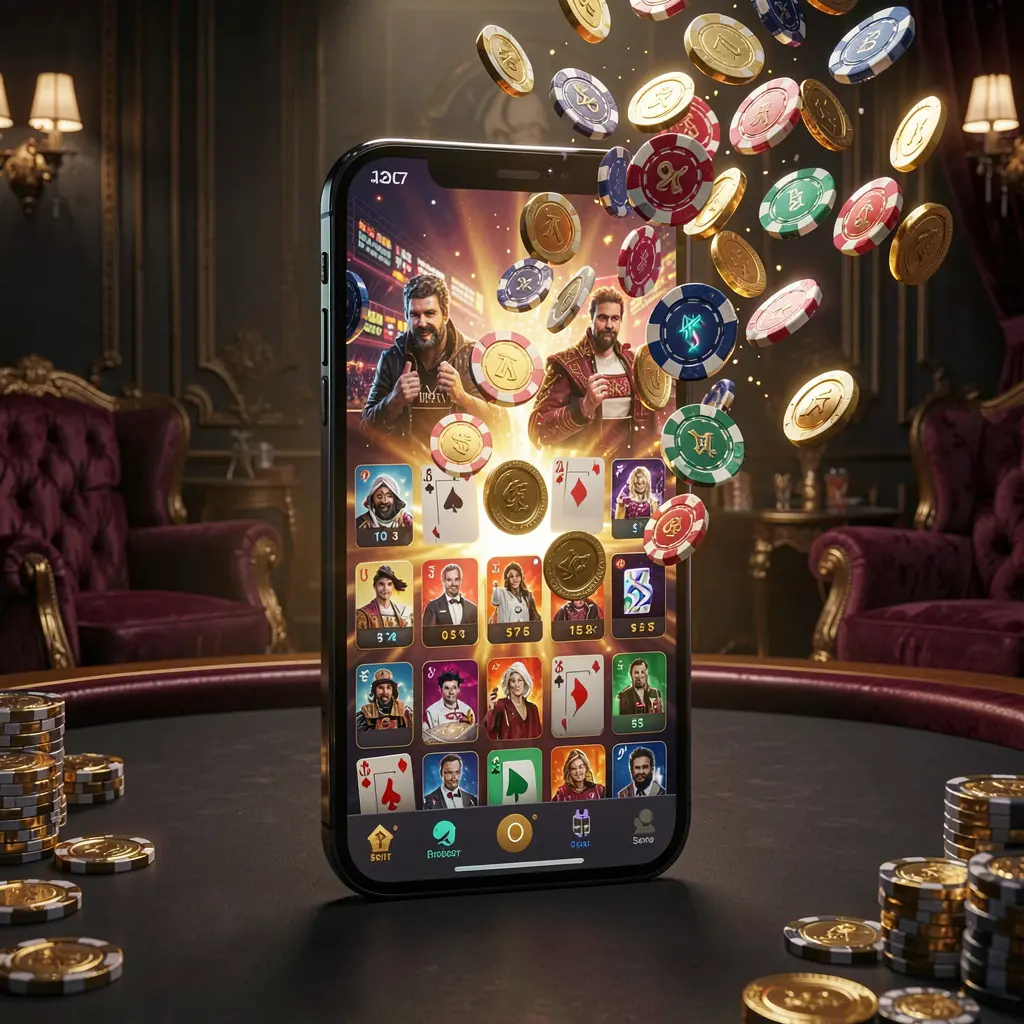 Aplikasi permainan online 688K yang ditampilkan pada layar ponsel pintar dengan chip kasino dan koin bercahaya yang muncul, berlatar belakang gelap mewah dengan pencahayaan sinematik dalam render 3D berdetail tinggi
