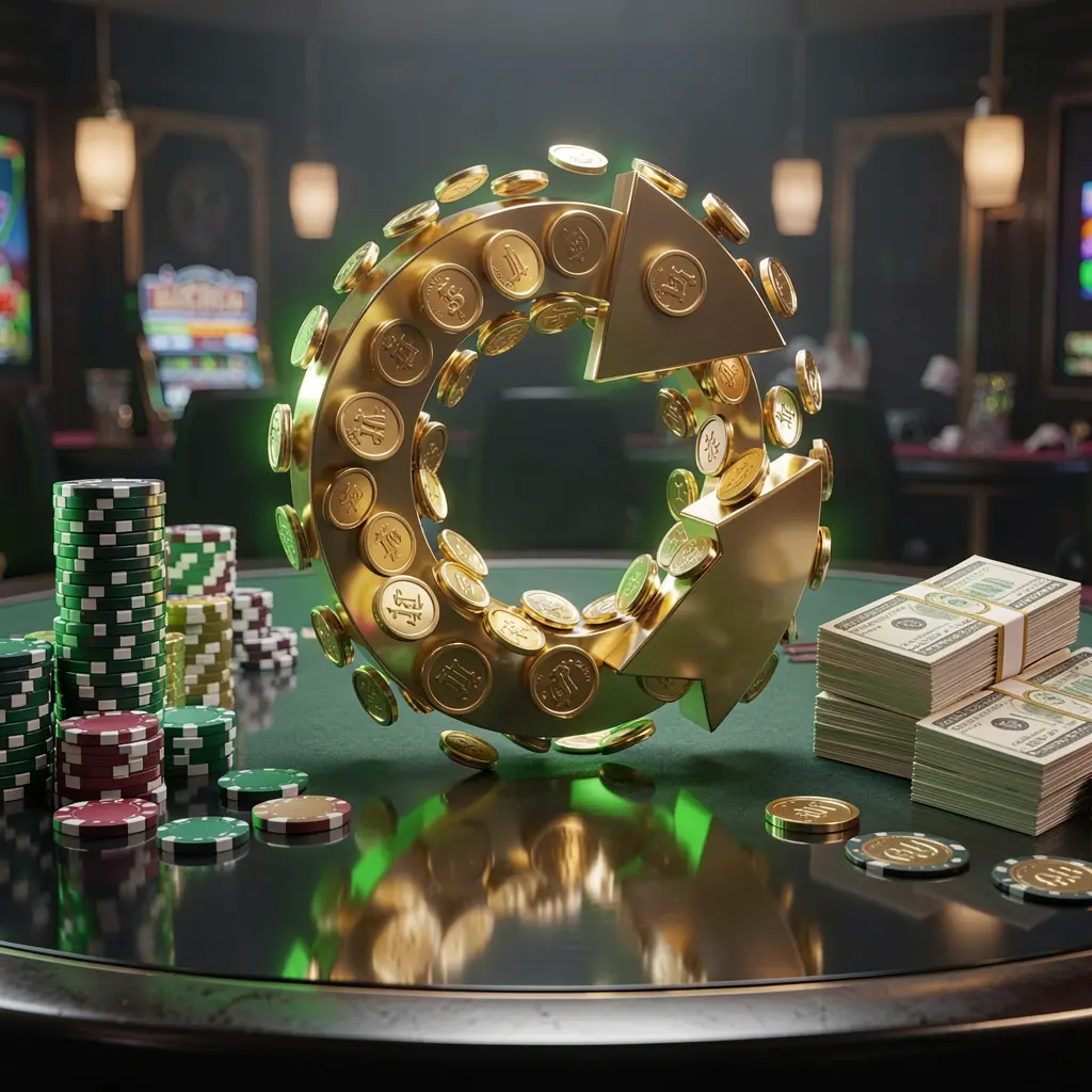 Visual bonus cashback kasino 688K dengan koin emas yang kembali dalam gerakan panah melingkar, chip poker dan bundel uang tunai di atas meja gelap mengilap dengan aksen hijau dan emas bercahaya dalam gaya kasino online premium