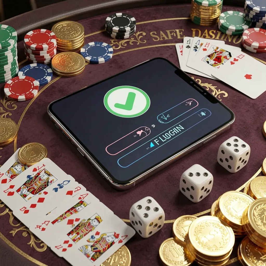 Konsep masuk kasino aman 688K yang menampilkan ponsel pintar dengan ikon tanda centang verifikasi yang dikelilingi chip, kartu, dadu, dan koin emas di atas meja kasino mewah yang elegan dalam render 3D realistis