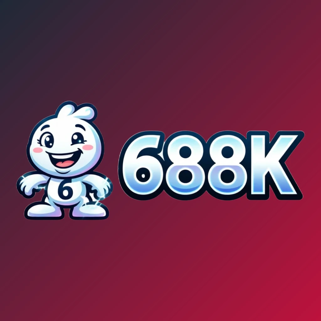 Logo maskot gaya ramah dengan teks 688K, karakter ikonik bersahabat, huruf tebal berwarna-warni, gaya merek gaming 688K, latar belakang transparan, logo wordmark horizontal untuk header situs web