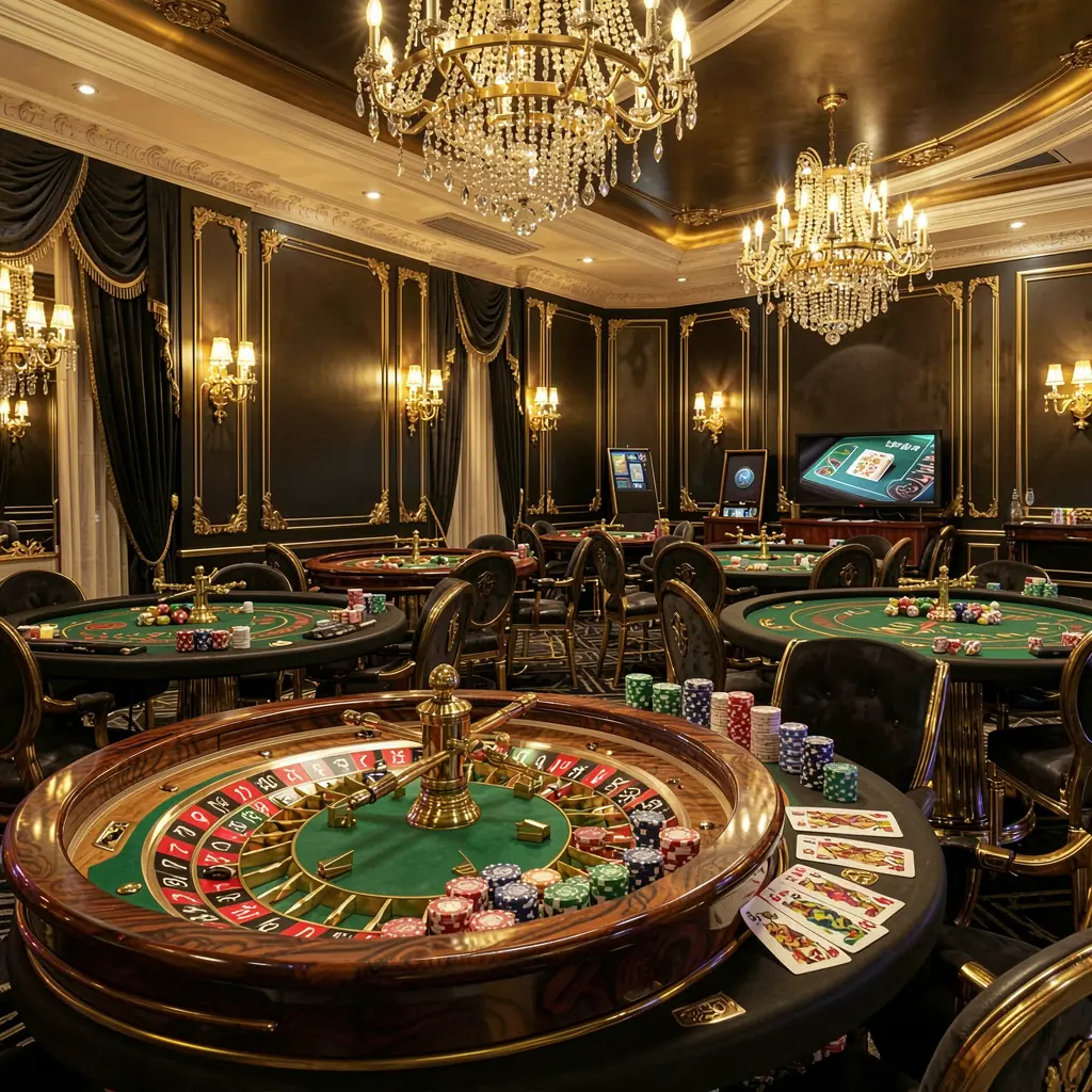 Adegan lobi kasino online mewah 688K dengan meja rolet bercahaya, lampu emas, chip poker, dan kartu dalam desain hitam dan emas premium